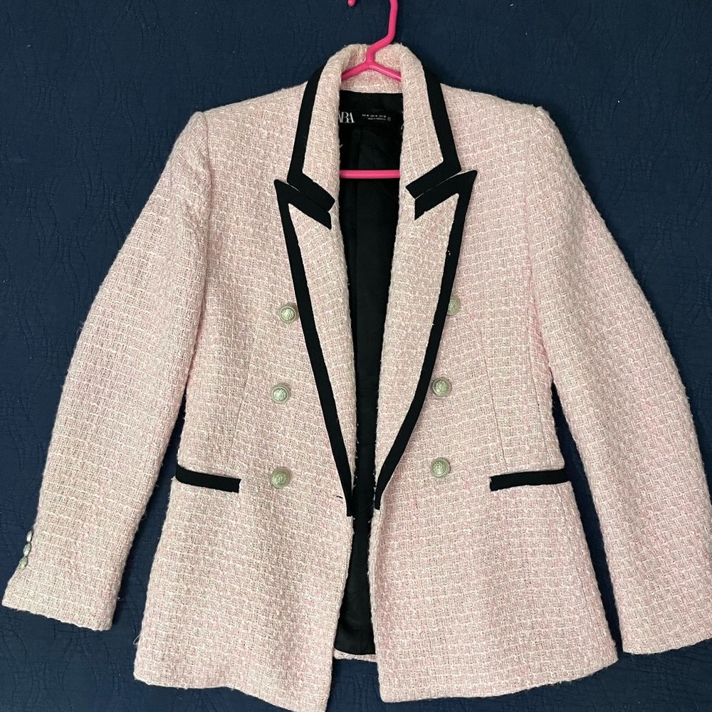 Zara Light Pink Tweed Blazer with Black Accents